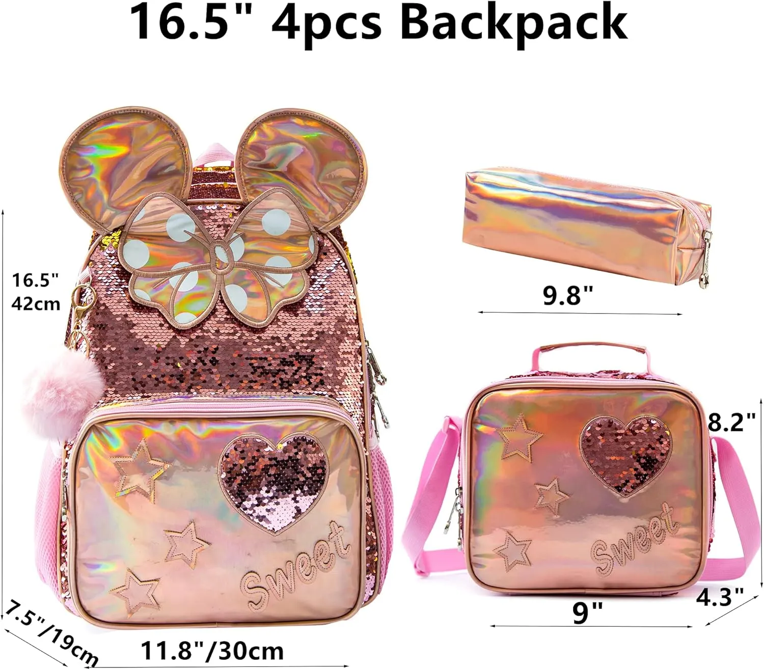 Backpack for Girls 16" Backpacks for Girls for School Sequin Backpack with Lunch Box for Elementary Students