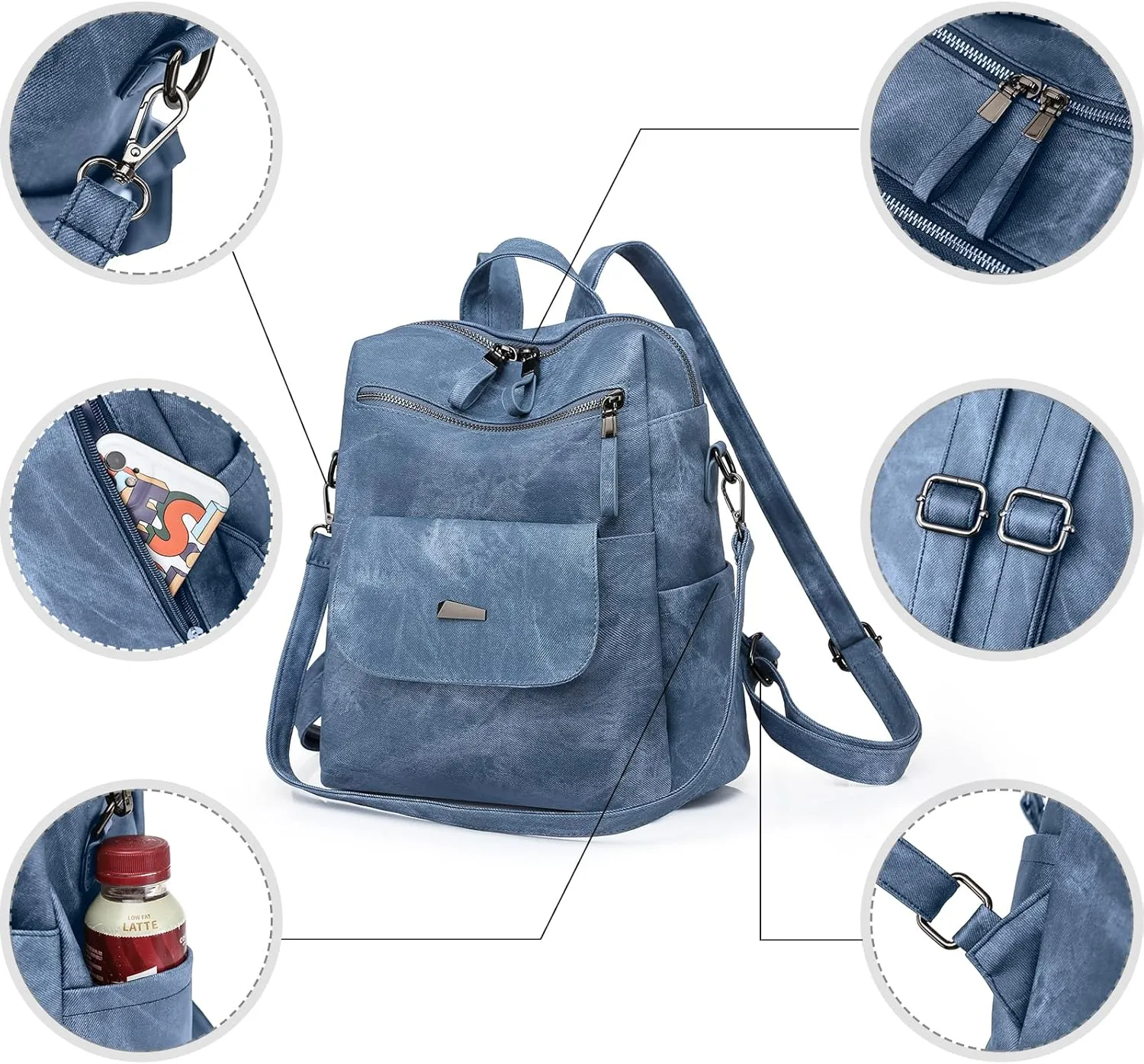 Backpack Purse for Women, PU Leather Backpack Purse, Fashion Travel Anti Theft Backpack, Multipurpose Lightweight Waterproof Convertible Purse Shoulder Bag Handbag, Blue