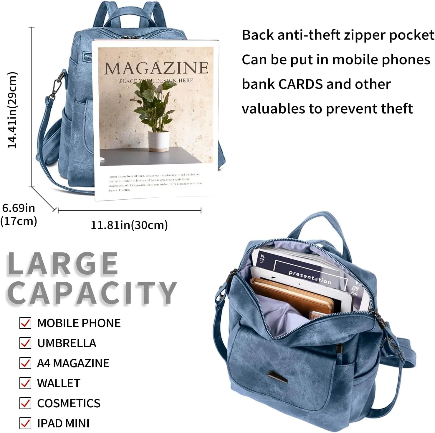 Backpack Purse for Women, PU Leather Backpack Purse, Fashion Travel Anti Theft Backpack, Multipurpose Lightweight Waterproof Convertible Purse Shoulder Bag Handbag, Blue