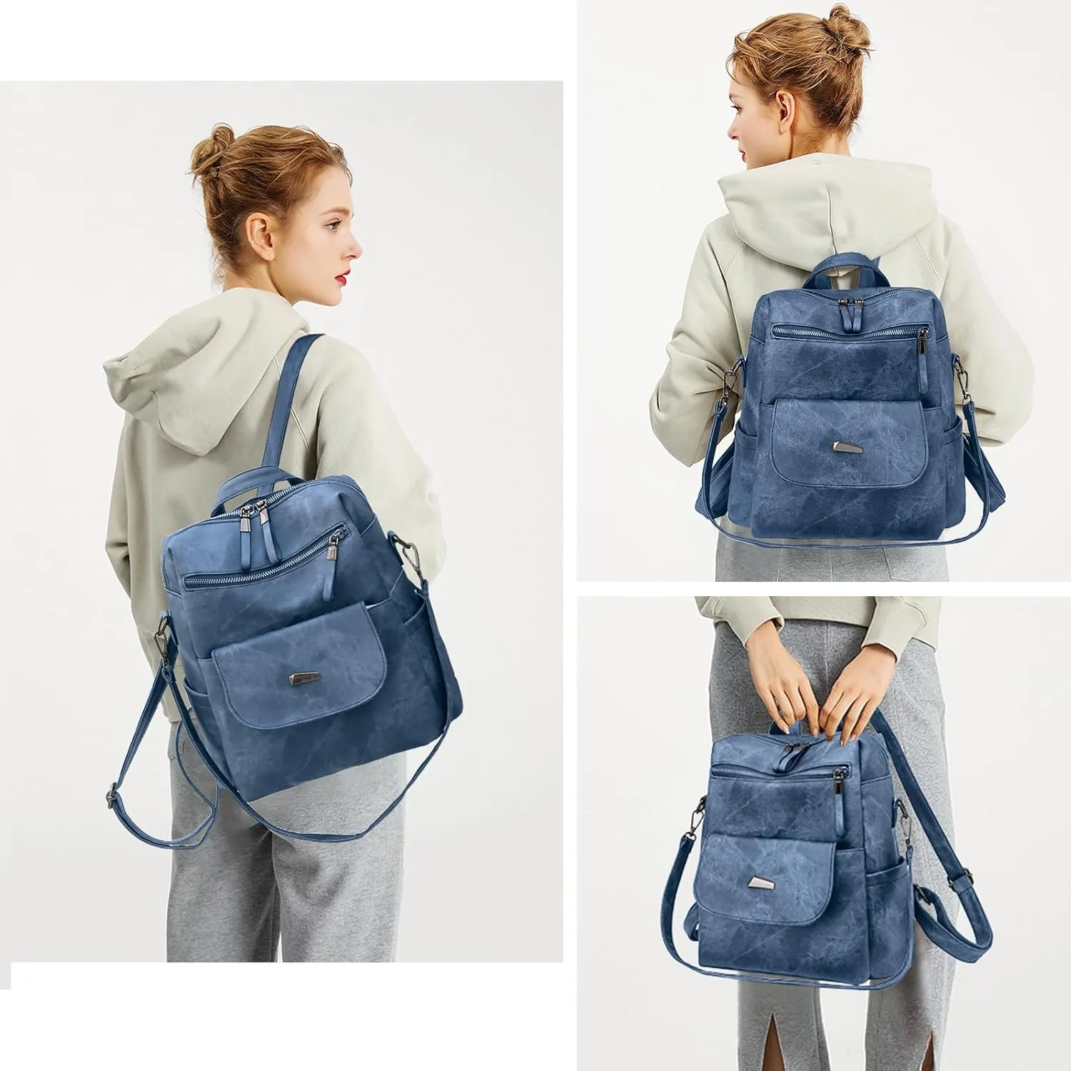 Backpack Purse for Women, PU Leather Backpack Purse, Fashion Travel Anti Theft Backpack, Multipurpose Lightweight Waterproof Convertible Purse Shoulder Bag Handbag, Blue