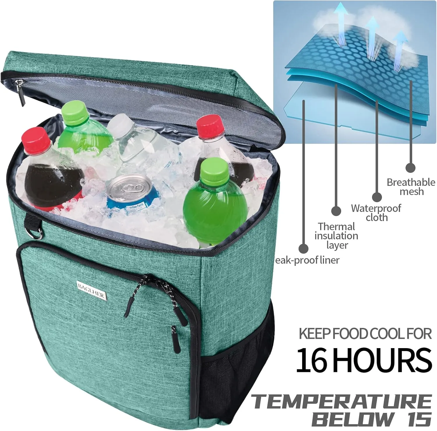 BAGLHER Cooler Backpack, Leakproof 30 Cans Backpack Cooler Insulated Soft Cooler Bag, Lightweight 25L Lunch Box Backpack Cooler Bag for Men Women Adult Camping
