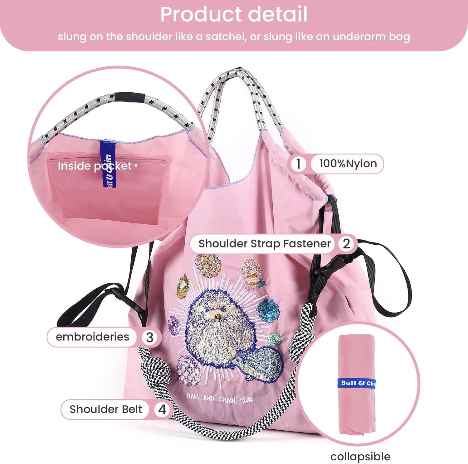 Ball&Chain Stylish Embroidered Nylon Tote Bag for Women - Perfect for Shopping,Travel, Beach, and Ideal Birthday Gift!