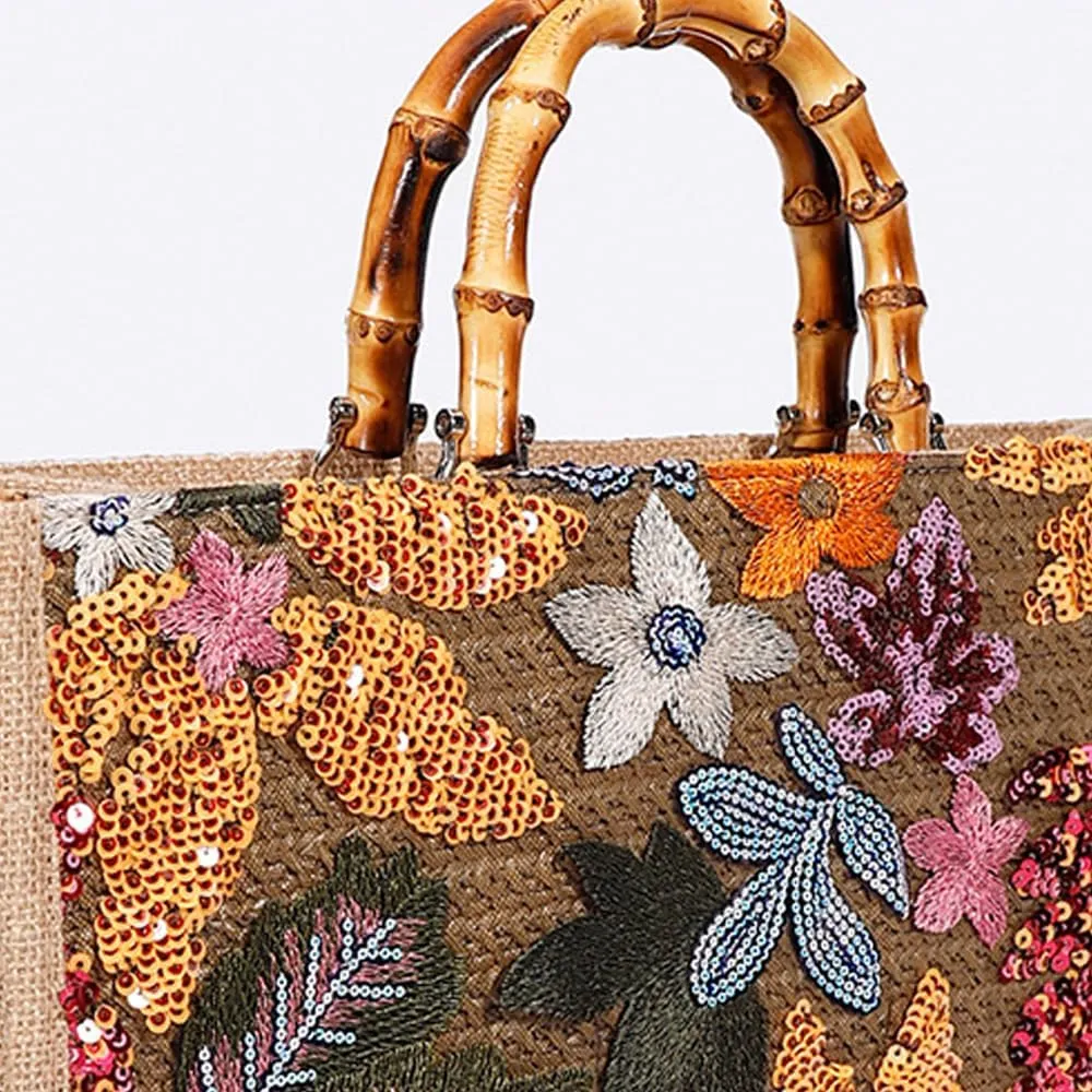 Bamboo Handbag Embroidered Tote Bag Floral Clutch Purses for Women Bamboo Handle Tote Purse