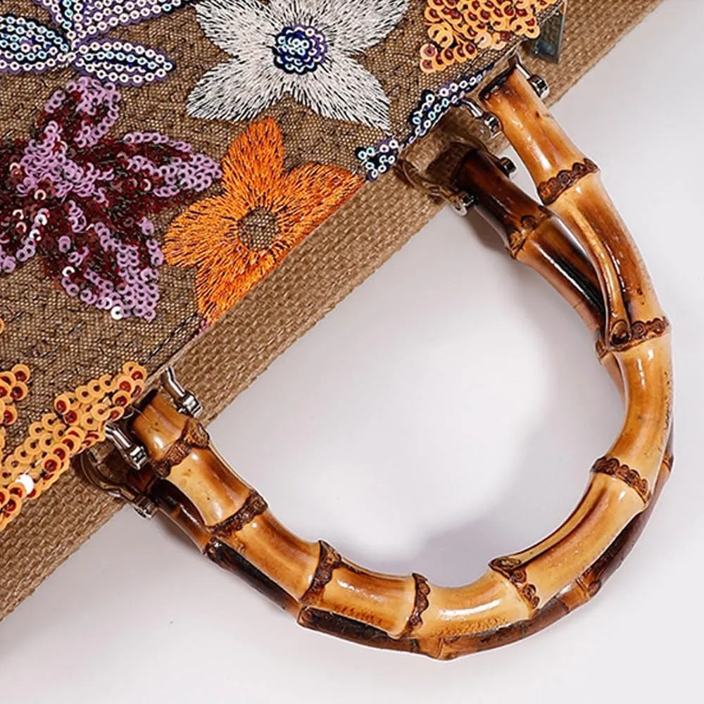 Bamboo Handbag Embroidered Tote Bag Floral Clutch Purses for Women Bamboo Handle Tote Purse