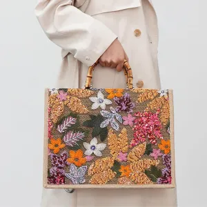 Bamboo Handbag Embroidered Tote Bag Floral Clutch Purses for Women Bamboo Handle Tote Purse