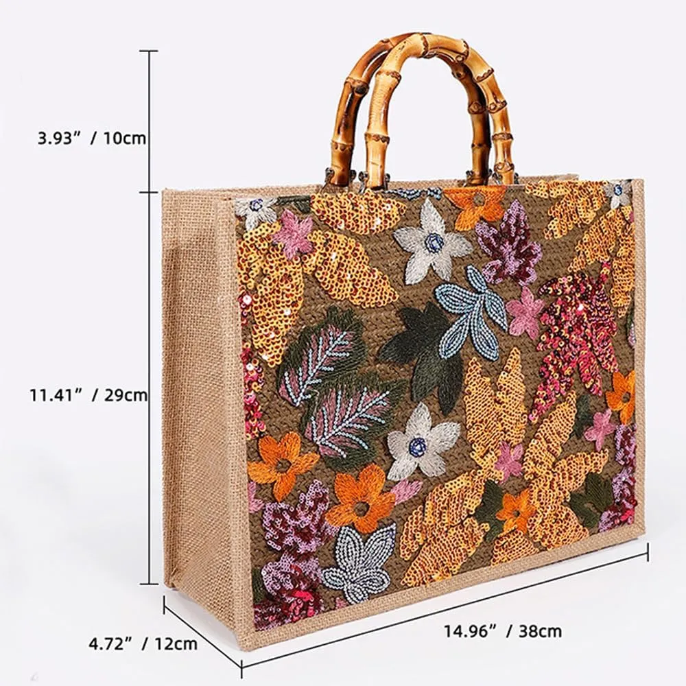 Bamboo Handbag Embroidered Tote Bag Floral Clutch Purses for Women Bamboo Handle Tote Purse