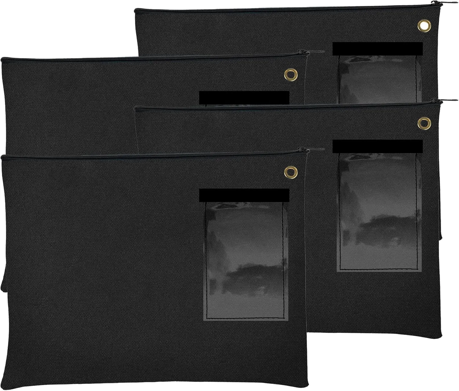 BankSupplies Canvas Zipper Bags | 14W x 11H | Set of 4 | Large Storage Bags | Grommet for Zip Tie & Padlock | 5W x 3H Framed Cardholder | Zipper Closure | Bank Bags