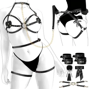 BDSM Sex Bondage Breast Restraints Thigh Harness Kit Sex Toys for Women, 8PCS Sets with Adjustable Handcuffs Ankle Cuff Blindfold Cross Strap Paddle Feather Traction Chain for SM Adult Couples Play