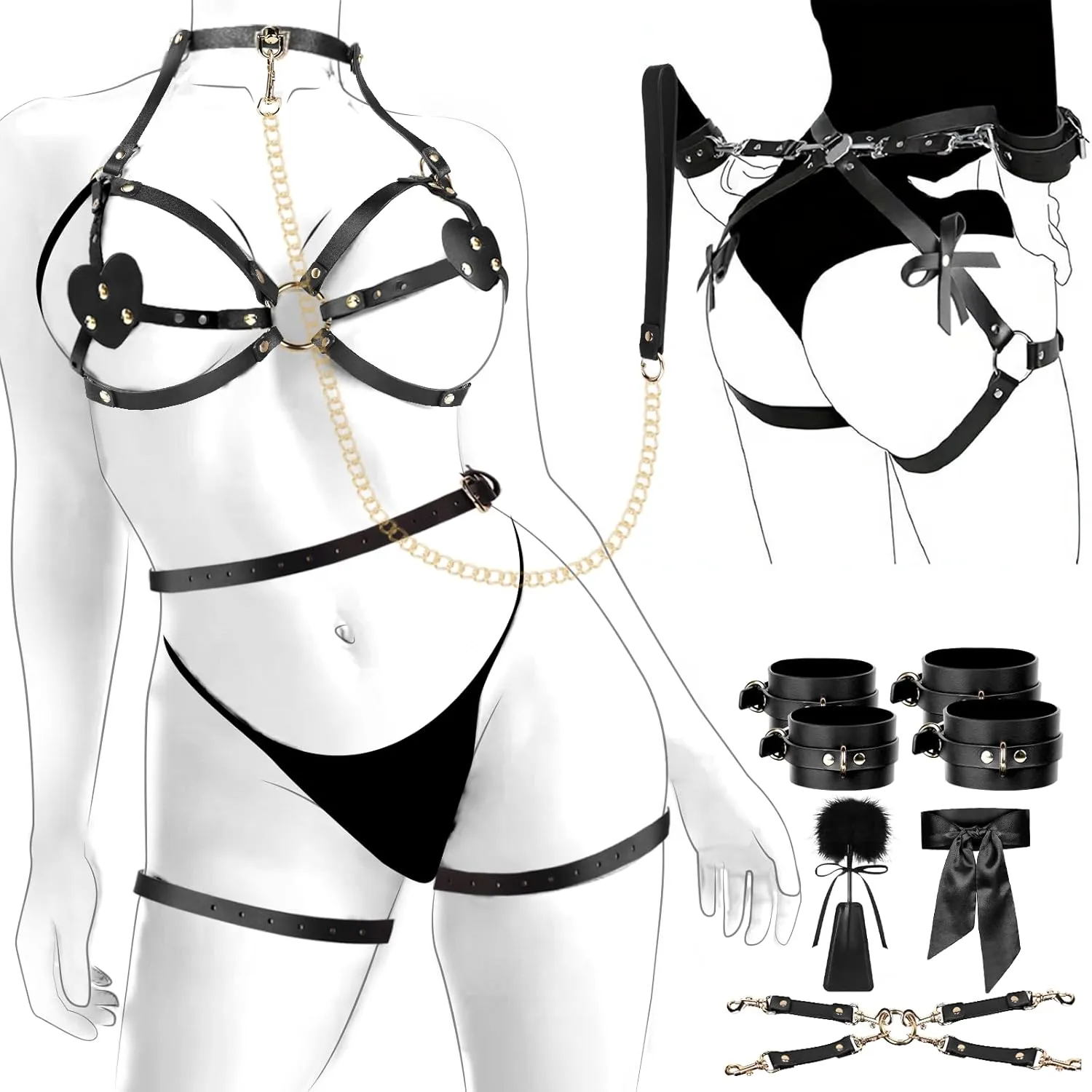 BDSM Sex Bondage Breast Restraints Thigh Harness Kit Sex Toys for Women, 8PCS Sets with Adjustable Handcuffs Ankle Cuff Blindfold Cross Strap Paddle Feather Traction Chain for SM Adult Couples Play