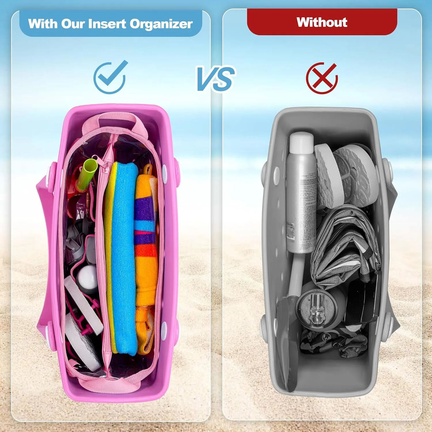 Beach Bag Organizer Insert (12.4in x 10.2in x 4.3in) Compatible with Bogg Bag(15in x 13in x 5.25in), Beach Tote Bag Waterproof Organizer Liner Insert Divider Pouch, Pink