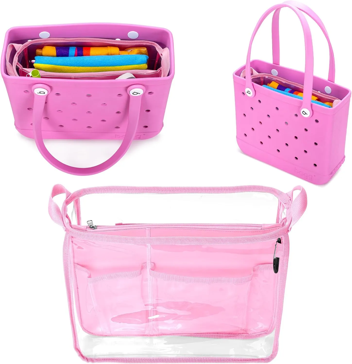 Beach Bag Organizer Insert (12.4in x 10.2in x 4.3in) Compatible with Bogg Bag(15in x 13in x 5.25in), Beach Tote Bag Waterproof Organizer Liner Insert Divider Pouch, Pink