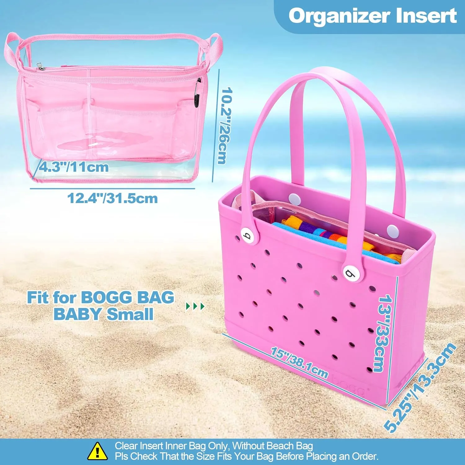 Beach Bag Organizer Insert (12.4in x 10.2in x 4.3in) Compatible with Bogg Bag(15in x 13in x 5.25in), Beach Tote Bag Waterproof Organizer Liner Insert Divider Pouch, Pink