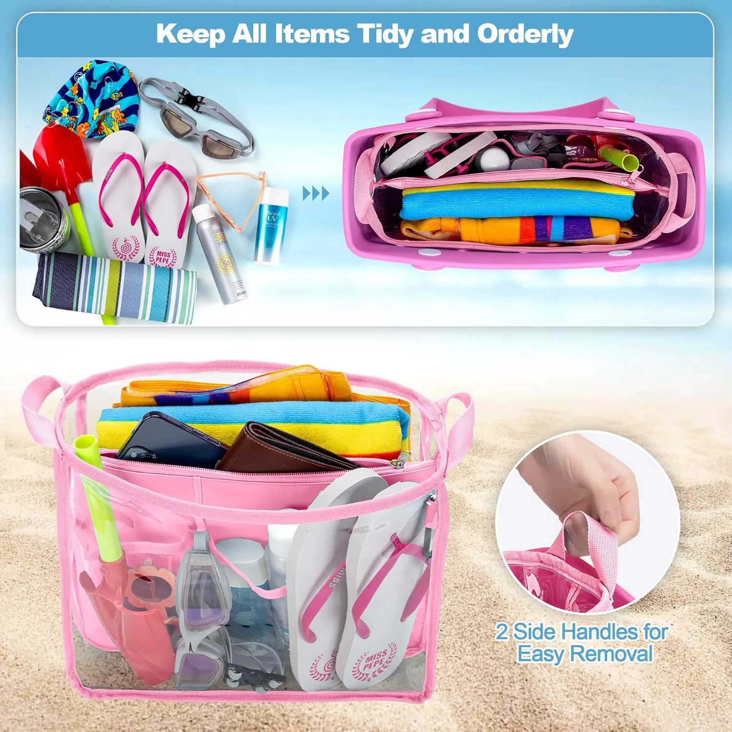 Beach Bag Organizer Insert (12.4in x 10.2in x 4.3in) Compatible with Bogg Bag(15in x 13in x 5.25in), Beach Tote Bag Waterproof Organizer Liner Insert Divider Pouch, Pink