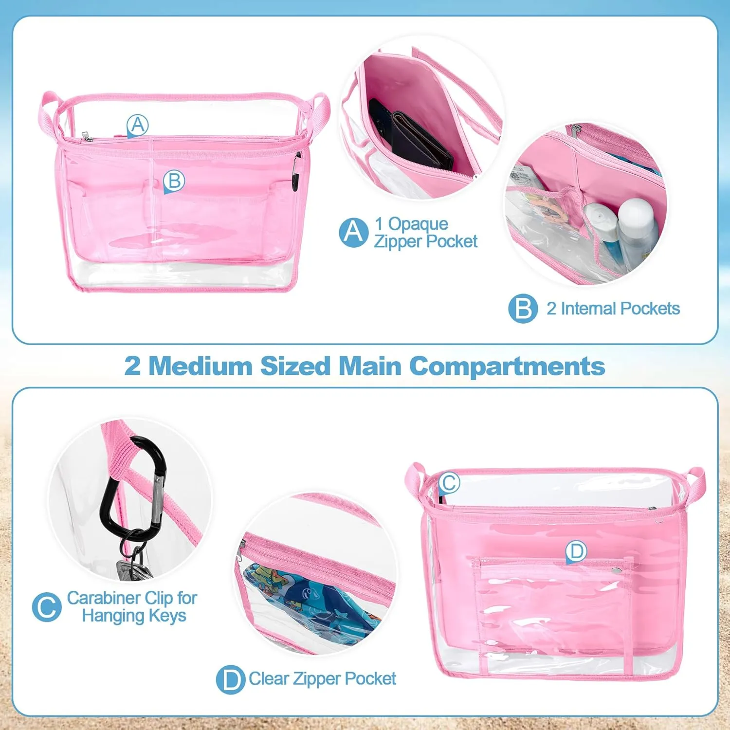 Beach Bag Organizer Insert (12.4in x 10.2in x 4.3in) Compatible with Bogg Bag(15in x 13in x 5.25in), Beach Tote Bag Waterproof Organizer Liner Insert Divider Pouch, Pink