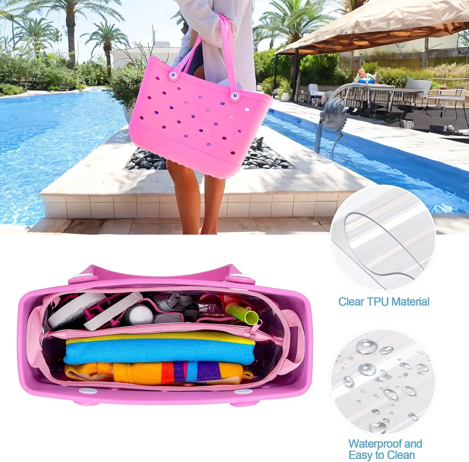 Beach Bag Organizer Insert (12.4in x 10.2in x 4.3in) Compatible with Bogg Bag(15in x 13in x 5.25in), Beach Tote Bag Waterproof Organizer Liner Insert Divider Pouch, Pink