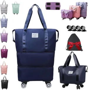 Beente Travel Bag with Wheels, Expandable 28L–58L Carry-On Duffle with Shoe Organizer, Removable Spinner Wheels, Waterproof Overnight Bag with Laptop Sleeve, Toiletry & Storage Pouches (Dark Blue)
