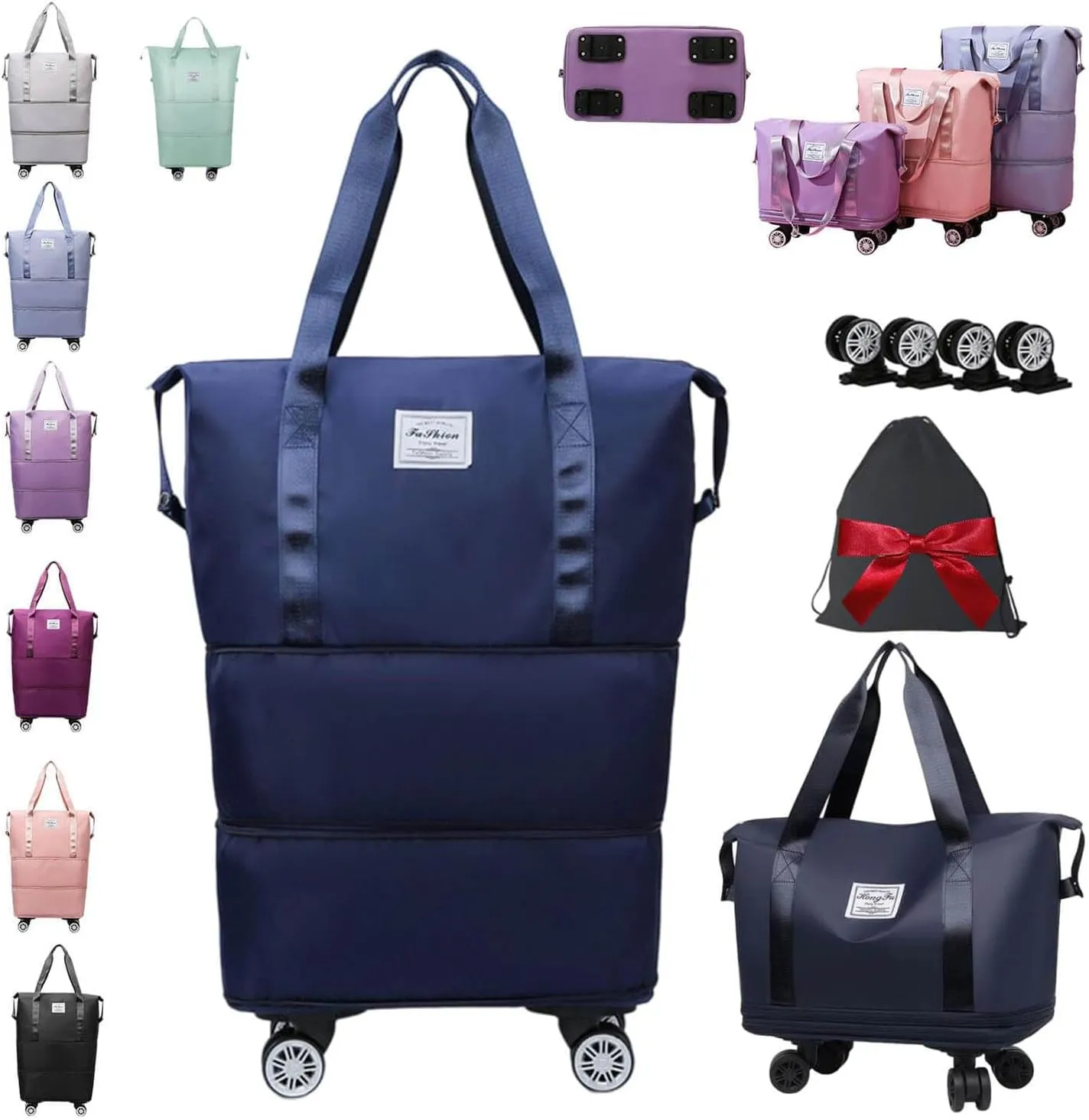 Beente Travel Bag with Wheels, Expandable 28L–58L Carry-On Duffle with Shoe Organizer, Removable Spinner Wheels, Waterproof Overnight Bag with Laptop Sleeve, Toiletry & Storage Pouches (Dark Blue)