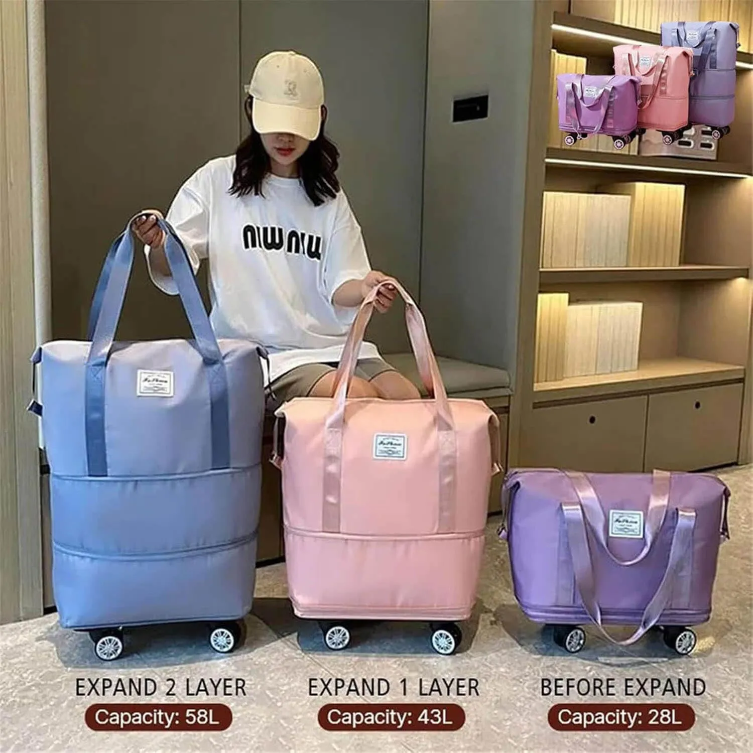 Beente Travel Bag with Wheels, Expandable 28L–58L Carry-On Duffle with Shoe Organizer, Removable Spinner Wheels, Waterproof Overnight Bag with Laptop Sleeve, Toiletry & Storage Pouches (Light Blue)