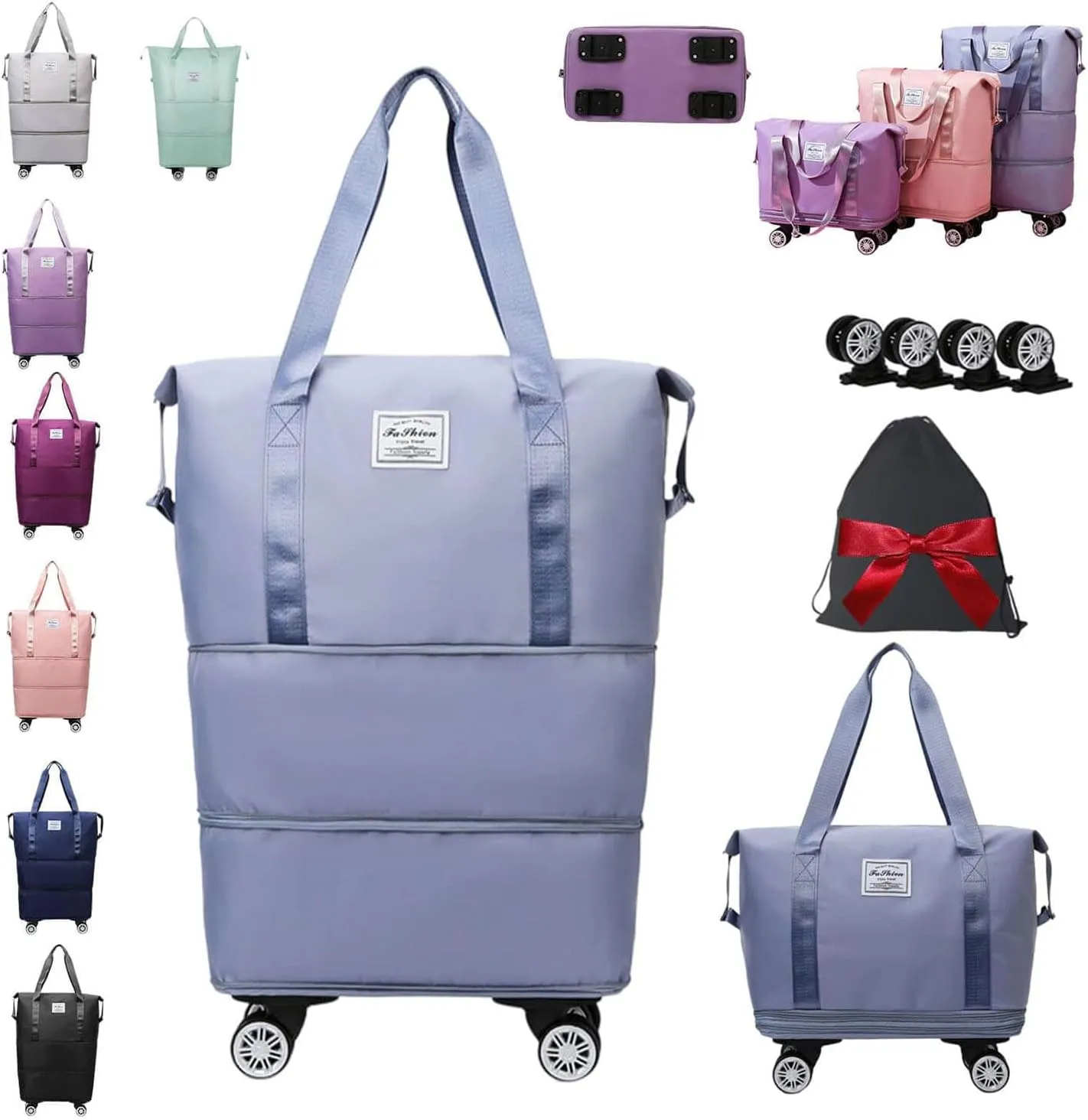 Beente Travel Bag with Wheels, Expandable 28L–58L Carry-On Duffle with Shoe Organizer, Removable Spinner Wheels, Waterproof Overnight Bag with Laptop Sleeve, Toiletry & Storage Pouches (Light Blue)