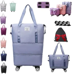 Beente Travel Bag with Wheels, Expandable 28L–58L Carry-On Duffle with Shoe Organizer, Removable Spinner Wheels, Waterproof Overnight Bag with Laptop Sleeve, Toiletry & Storage Pouches (Light Blue)