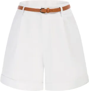 Belle Poque Women Bermuda Shorts Elastic Waist Wide Leg Shorts with Pockets & Belts