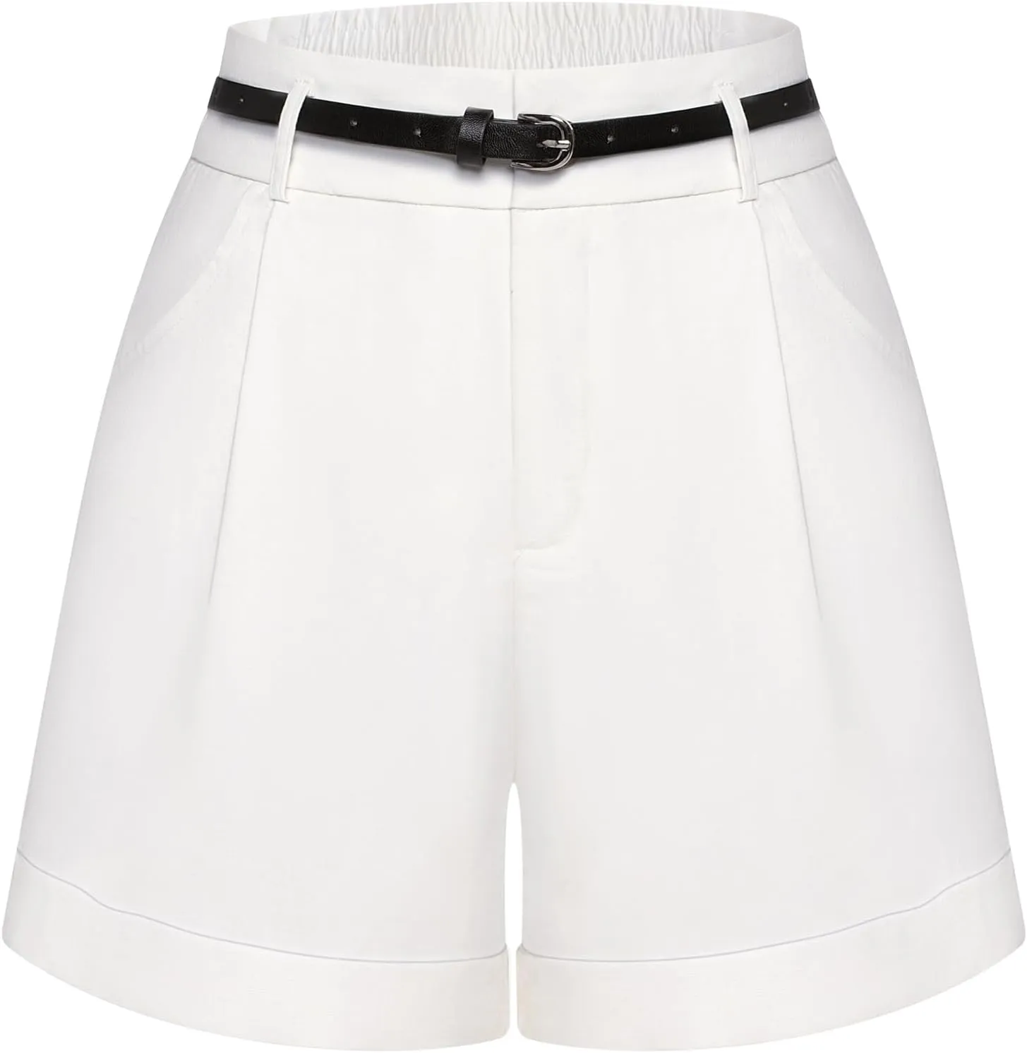 Belle Poque Women Bermuda Shorts Elastic Waist Wide Leg Shorts with Pockets & Belts