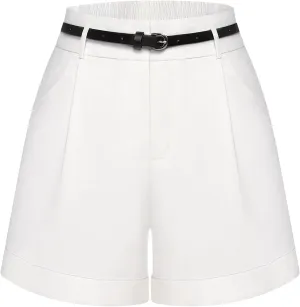 Belle Poque Women Bermuda Shorts Elastic Waist Wide Leg Shorts with Pockets & Belts