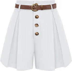 Belle Poque Womens Shorts Dressy Casual High Waisted Summer Pleated Wide Leg Shorts with Pockets and Belt