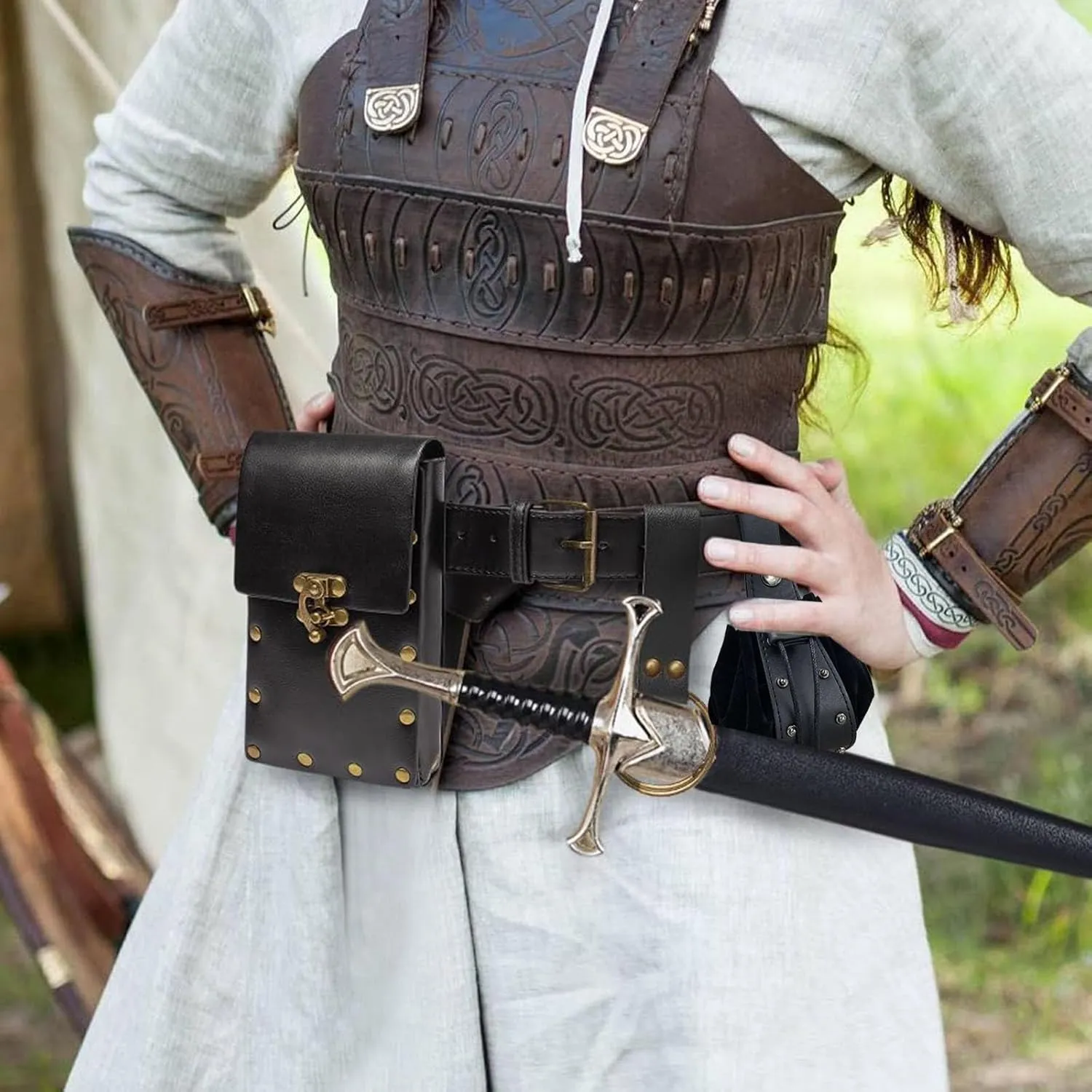 Belt Pouch Waist Bag Fanny Pack Steampunk Phone Holder Casual Medieval Renaissance Cosplay Costume Accessories (2Pouch-Black)