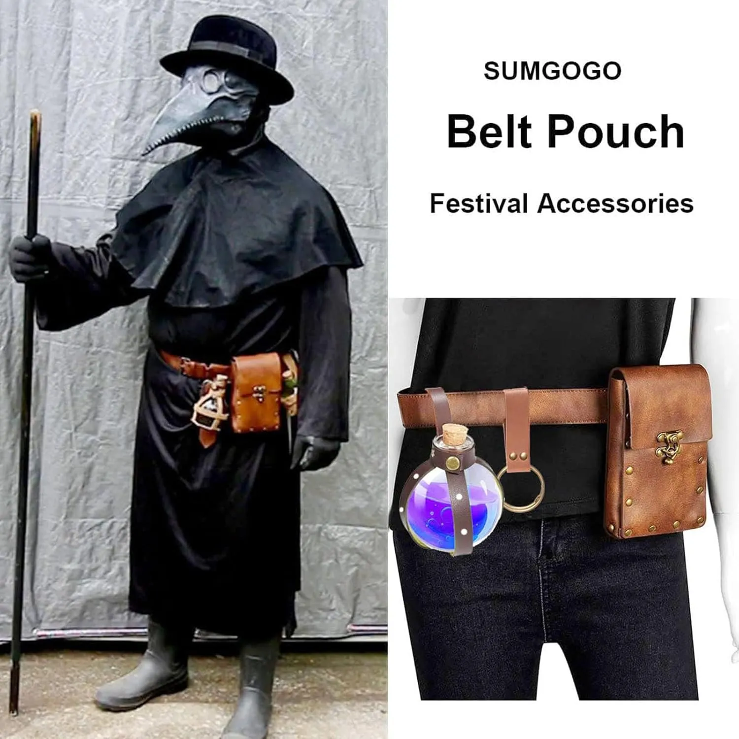 Belt Pouch Waist Bag Fanny Pack Steampunk Phone Holder Casual Medieval Renaissance Cosplay Costume Accessories (3Bottle-Brown)