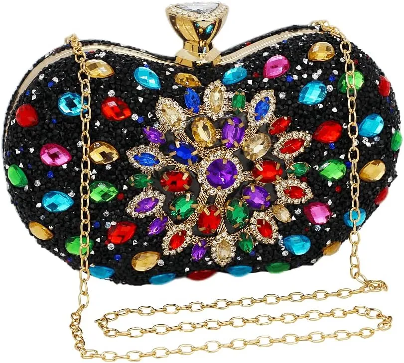 Black Clutch Purse For Women Evening Sparkly Bag Party Rhinestone Floral Handbags Bride Wallet