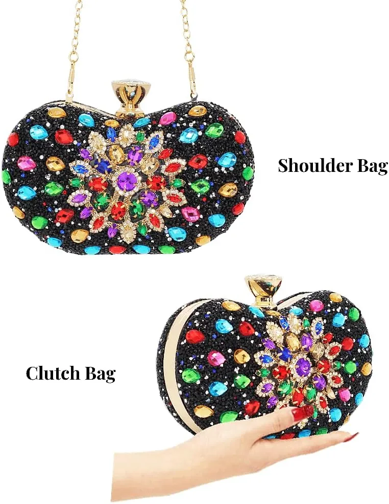 Black Clutch Purse For Women Evening Sparkly Bag Party Rhinestone Floral Handbags Bride Wallet