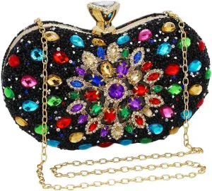 Black Clutch Purse For Women Evening Sparkly Bag Party Rhinestone Floral Handbags Bride Wallet