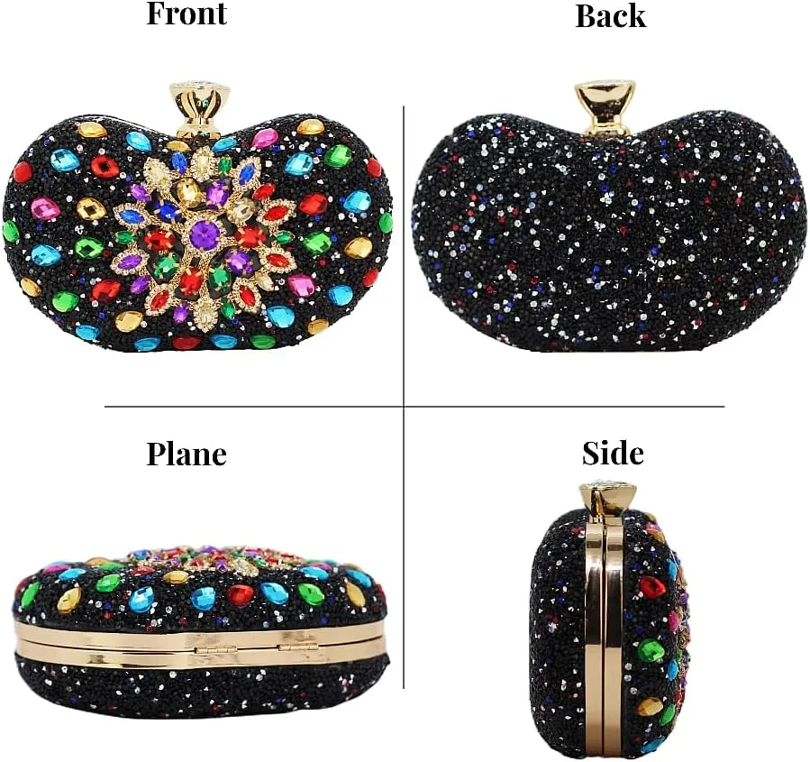 Black Clutch Purse For Women Evening Sparkly Bag Party Rhinestone Floral Handbags Bride Wallet