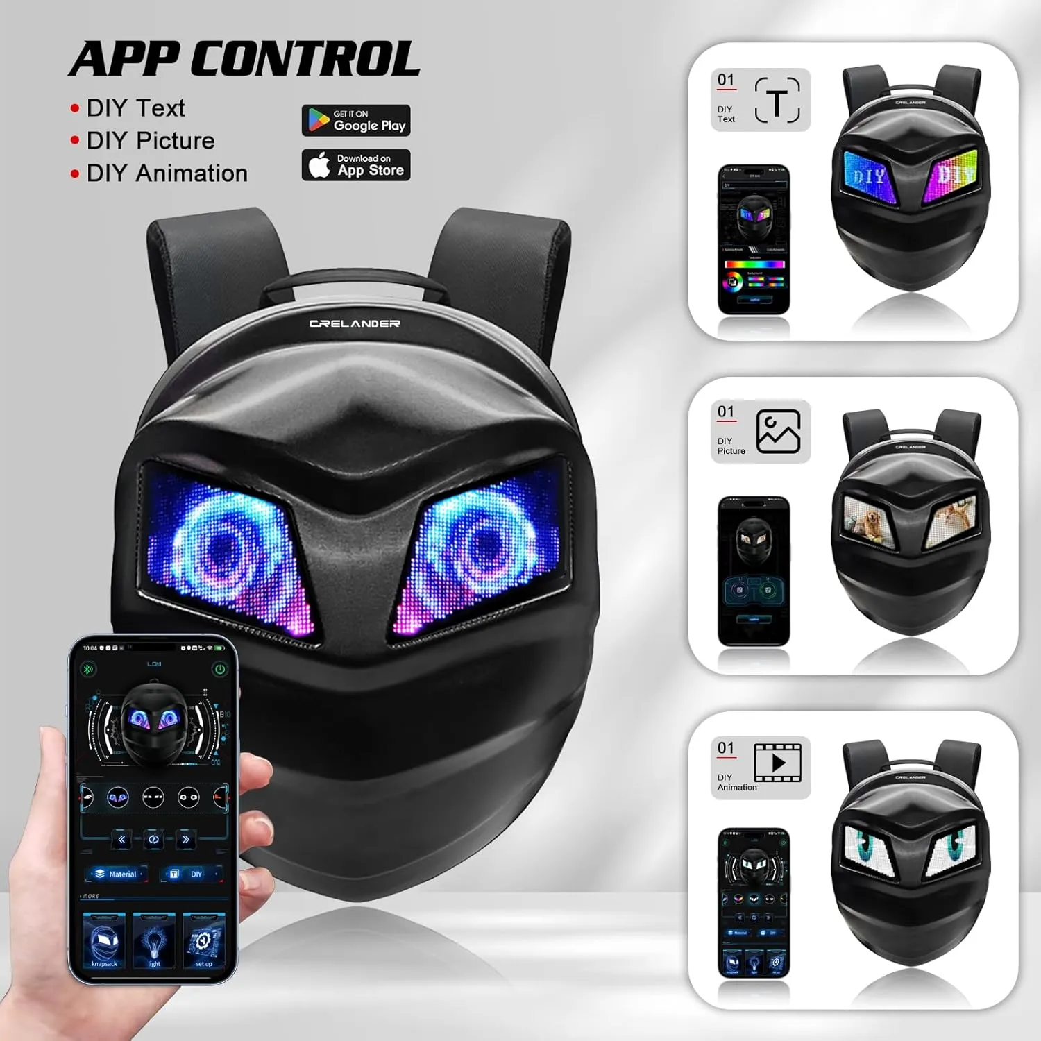 Black Knight Backpack with LED Eyes,Hard Shell Motorcycle Helmet Bag,Programmable Riding Travel Laptop Shoulder Bag (Black)