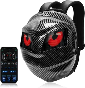Black Knight Backpack with LED Eyes,Hard Shell Motorcycle Helmet Bag,Programmable Riding Travel Laptop Shoulder Bag (Carbon Fiber Textured Color)