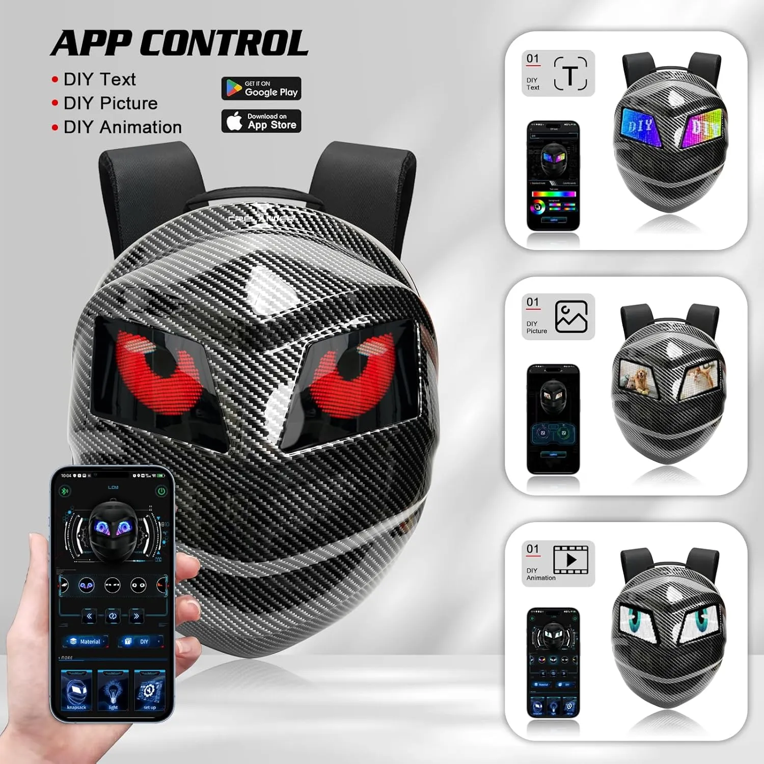 Black Knight Backpack with LED Eyes,Hard Shell Motorcycle Helmet Bag,Programmable Riding Travel Laptop Shoulder Bag (Carbon Fiber Textured Color)
