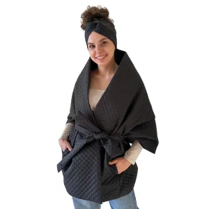 Black Long Lagre Wide Scarf Puffer 20x80 inch with 2 pocket and Belt. Cape around shoulders wrap. Winter quilted shawl. Warm padded scarf. Down puffy scarves.