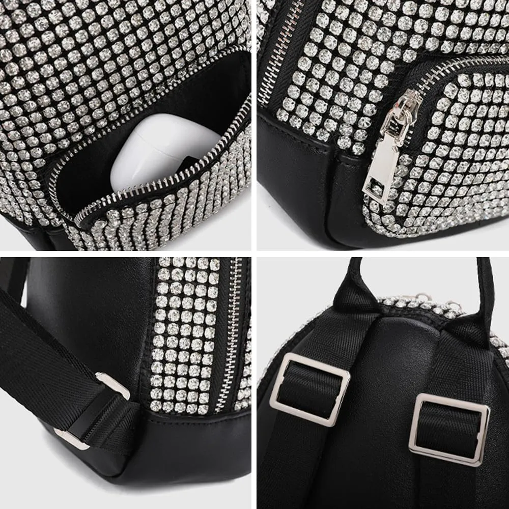 Black Mini Backpack, Sparkly Rhinestones Bag Glitter Purses for Women, Bling Diamond Studded Purse for Daily, Work, Shopping