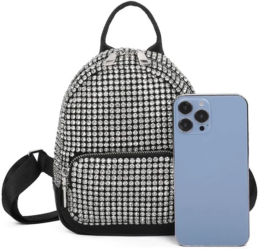 Black Mini Backpack, Sparkly Rhinestones Bag Glitter Purses for Women, Bling Diamond Studded Purse for Daily, Work, Shopping