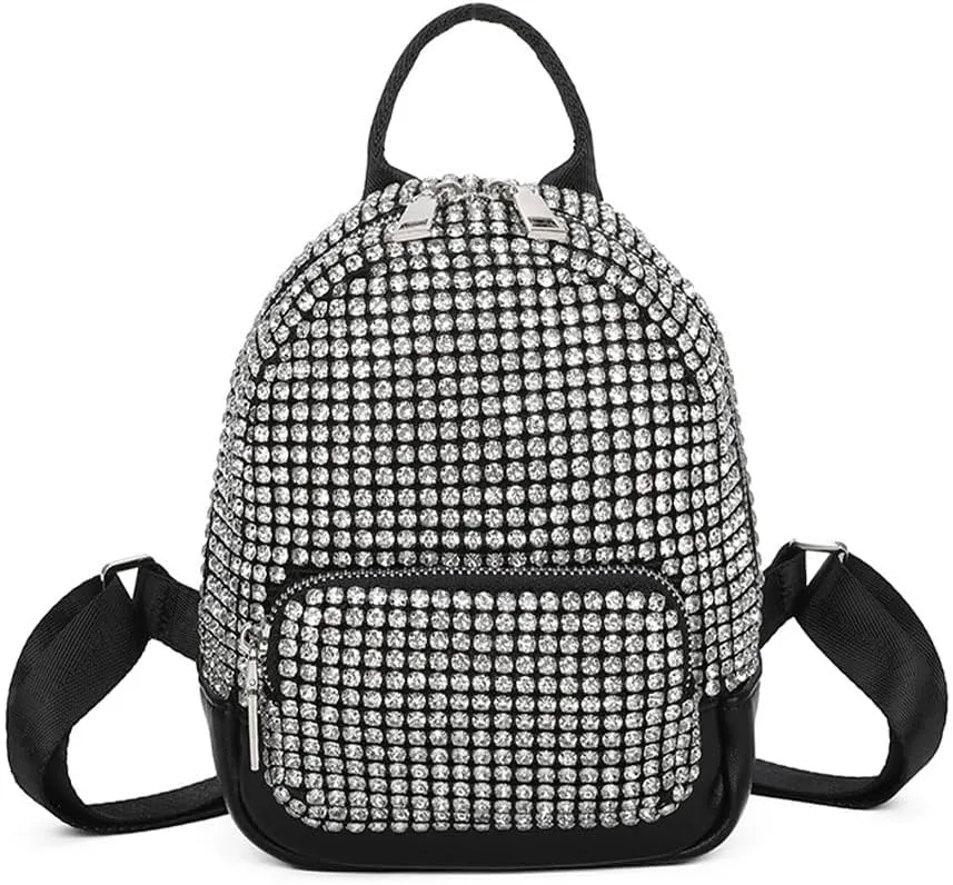 Black Mini Backpack, Sparkly Rhinestones Bag Glitter Purses for Women, Bling Diamond Studded Purse for Daily, Work, Shopping
