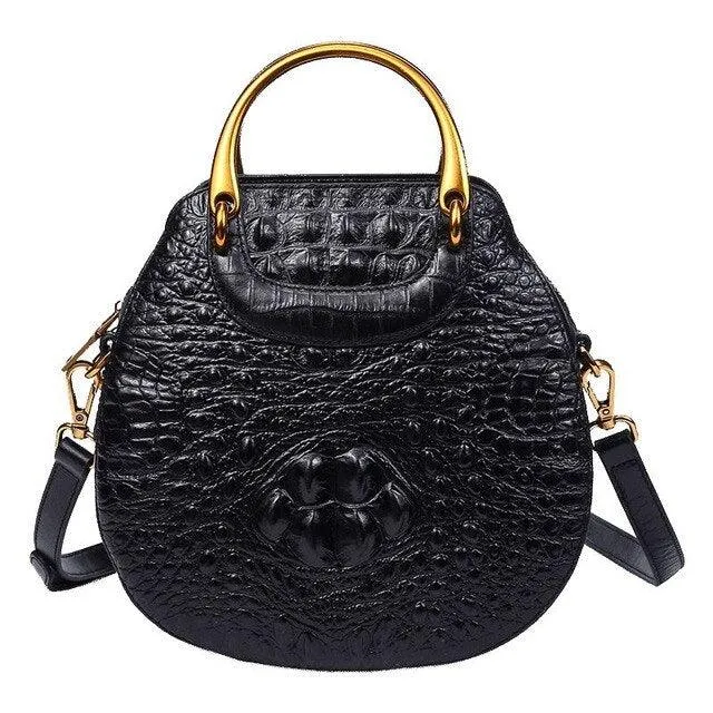Black Real Genuine Leather Crocodile Head Pattern Metal Handle Luxury Handle