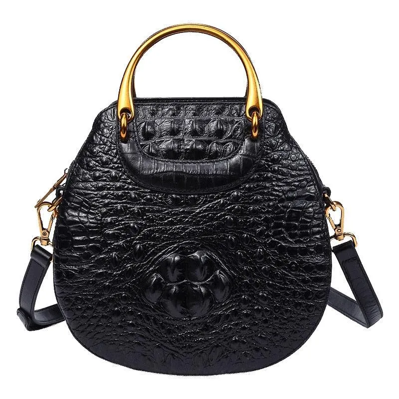 Black Real Genuine Leather Crocodile Head Pattern Metal Handle Luxury Handle
