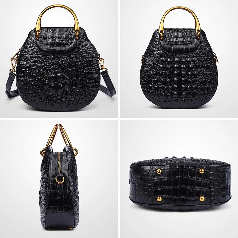 Black Real Genuine Leather Crocodile Head Pattern Metal Handle Luxury Handle