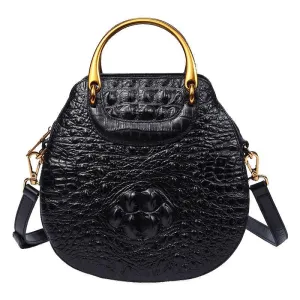 Black Real Genuine Leather Crocodile Head Pattern Metal Handle Luxury Handle