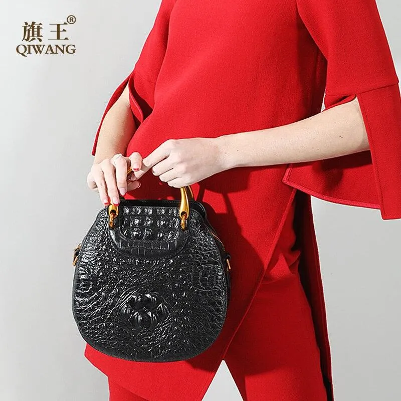 Black Real Genuine Leather Crocodile Head Pattern Metal Handle Luxury Handle
