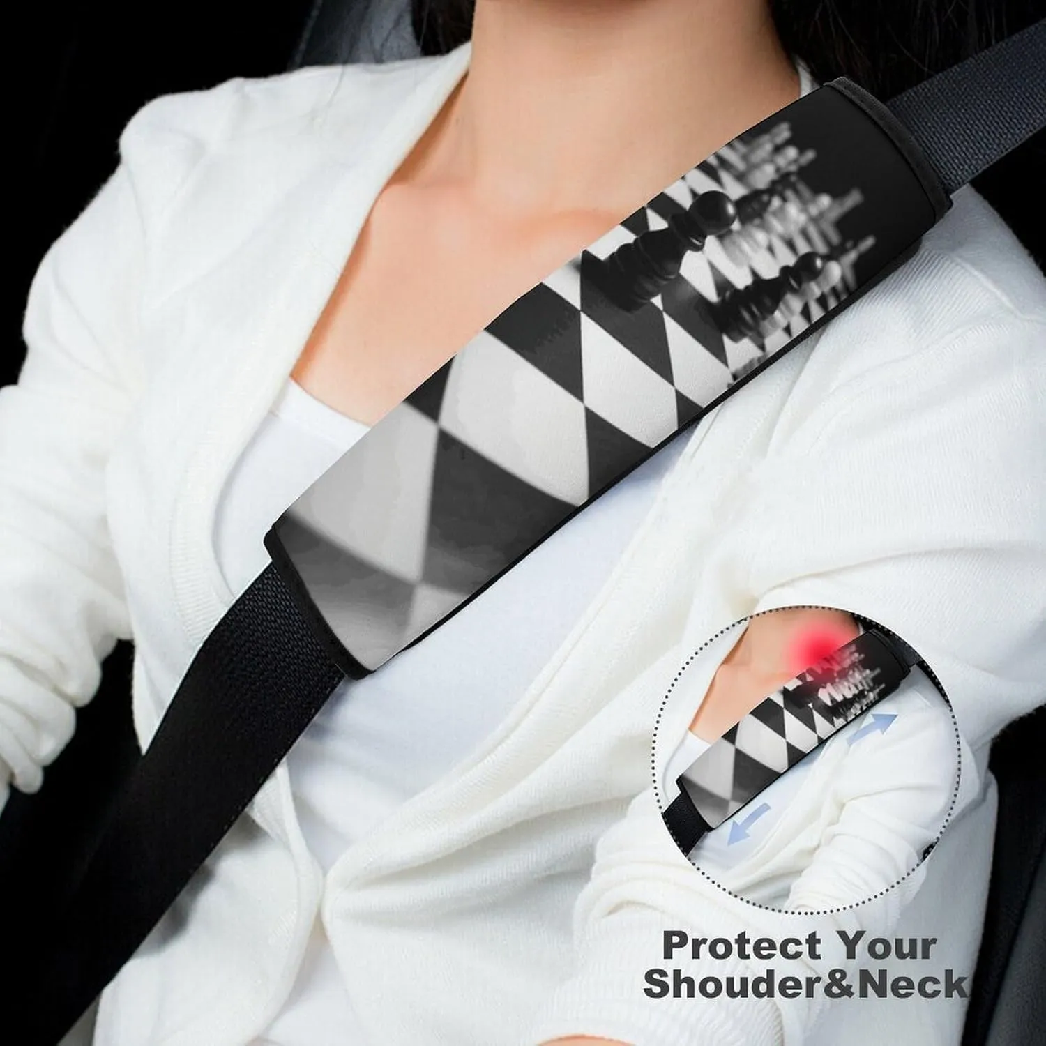 Black White Chess Checkerboard Auto Seat Belt Cover 1PCS Universal Car Seat Belt Shoulder Protector Pad, Protect Your Shoulders and Neck for Car Seat Belt, Shoulder Bag, Backpack
