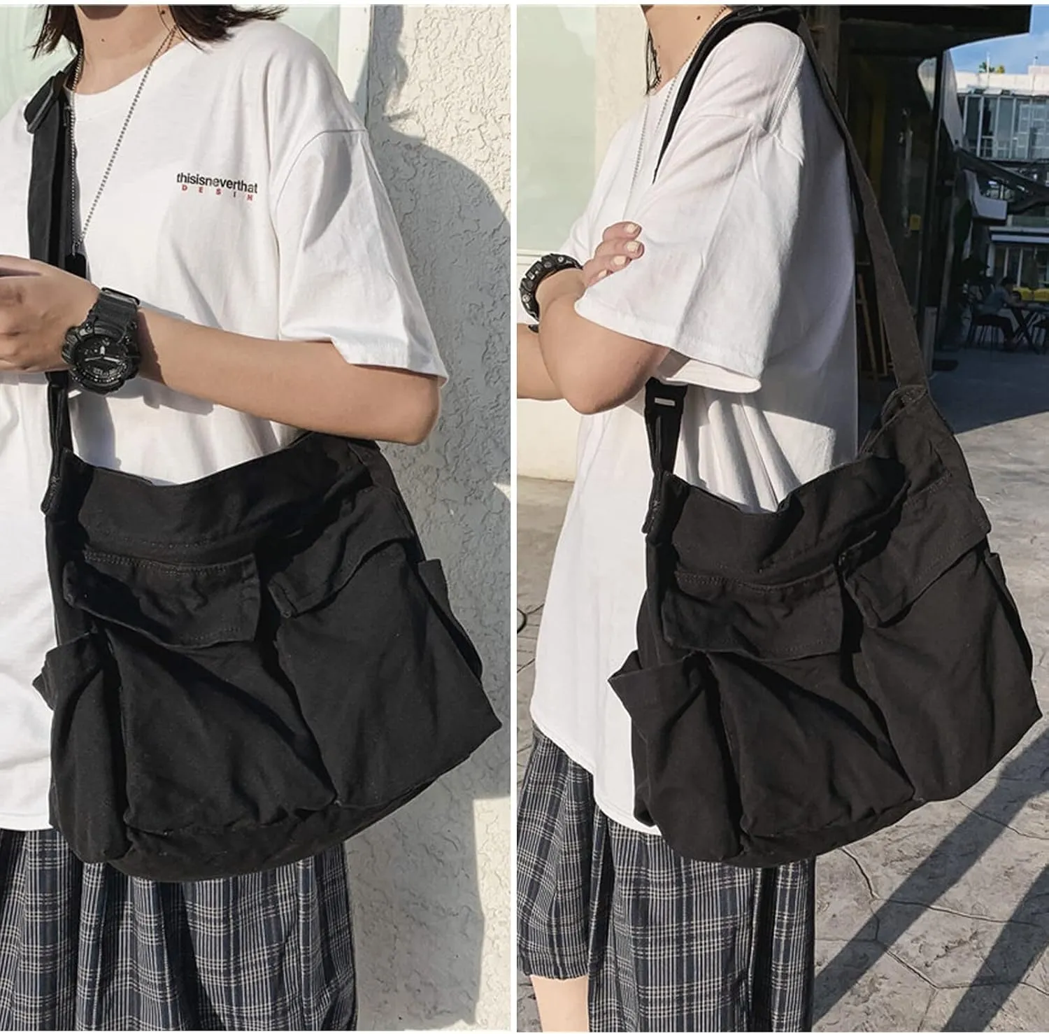 Blostirno Canvas Messenger Bag Large Hobo Crossbody Bag with Multiple Pockets Shoulder Tote Bags for Women and Men