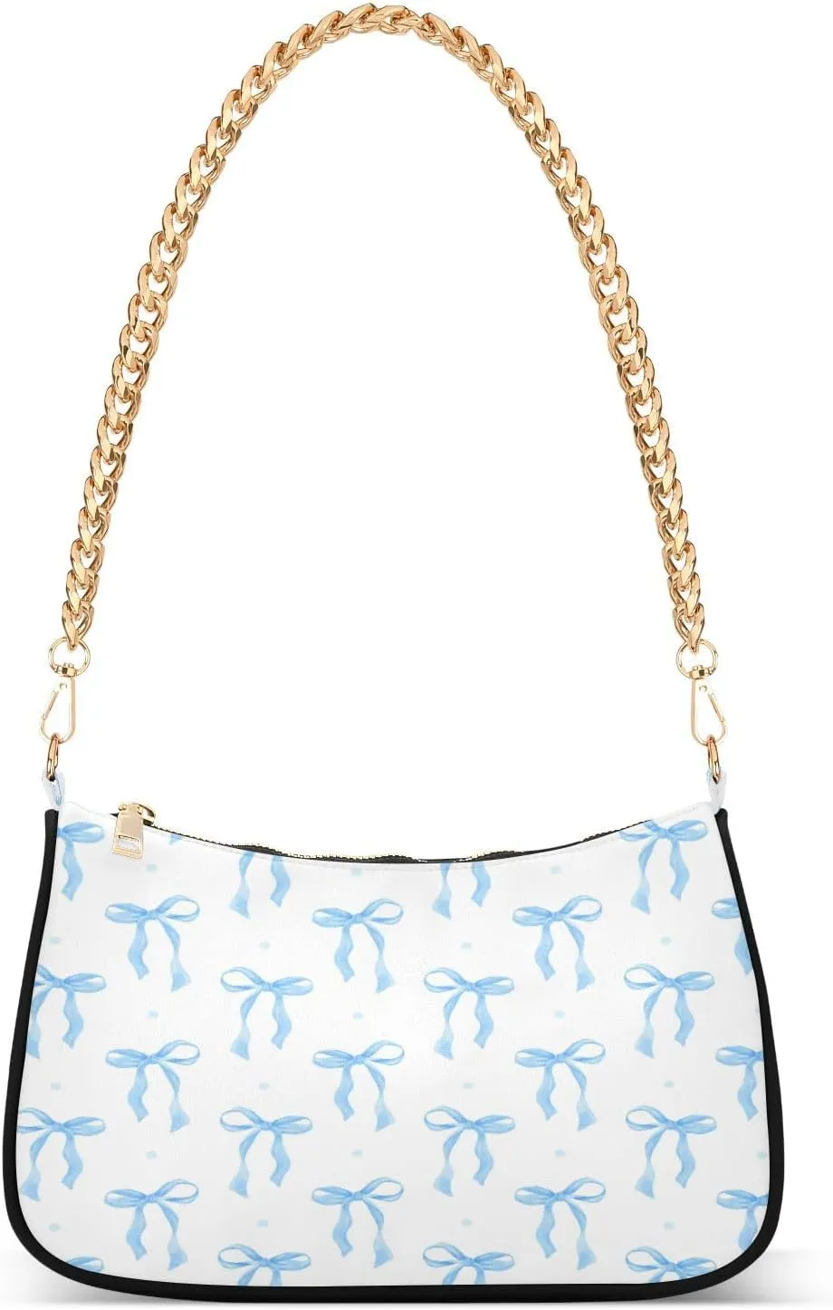 Blue Ribbon Bow Womens Shoulder Bag for Women Girls Hobo Tote Handbag Gold Chain Crossbody Bag with Zipper Clutch Purse Handbags