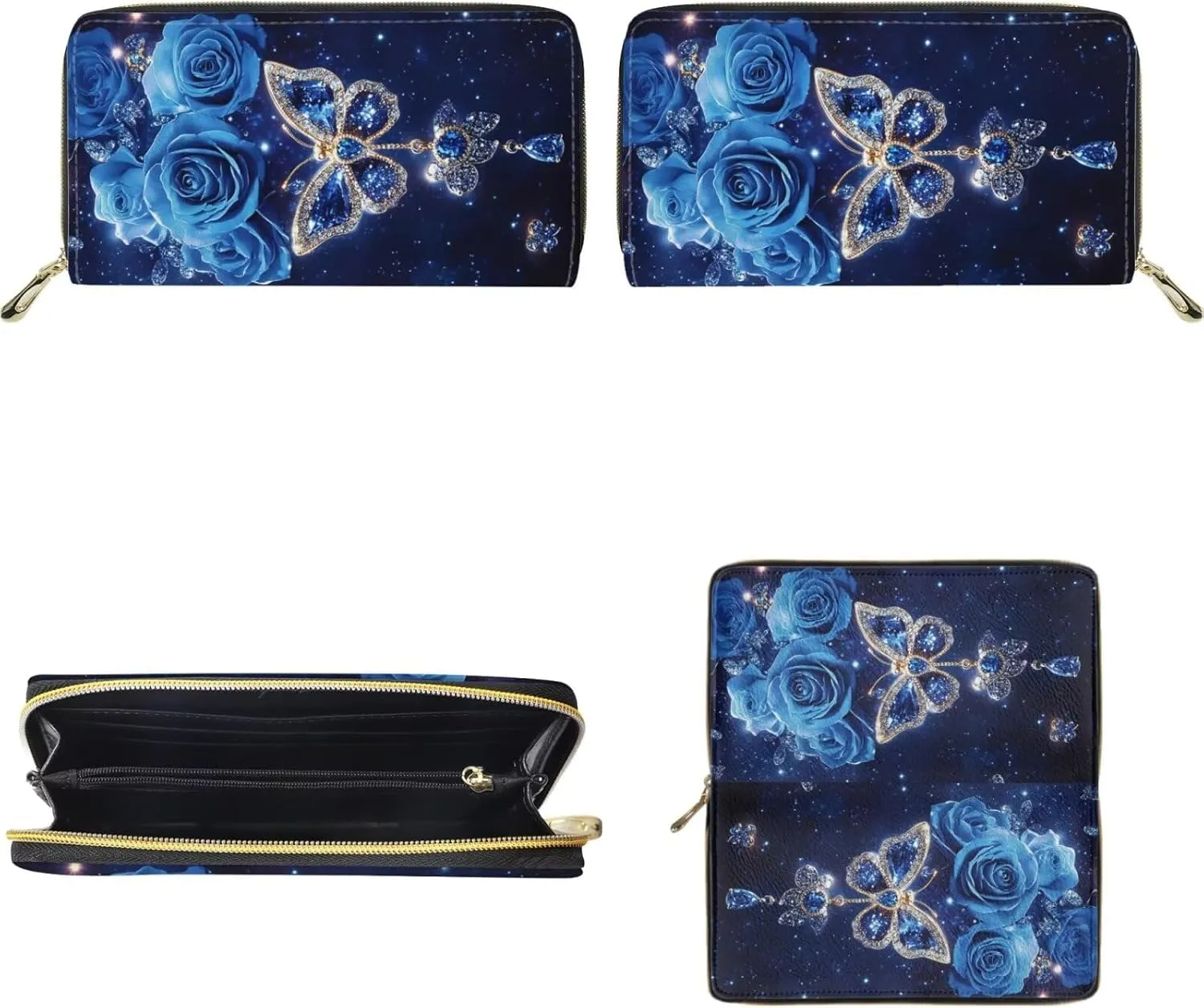 Blue Rose Butterfly Backpack Purse and Wallet Set for Women Fashion Leather Backpack Mini Purses Set of 2 Pcs Travel Accessories Ladies Handbags Casual Daypack for Teen Girls